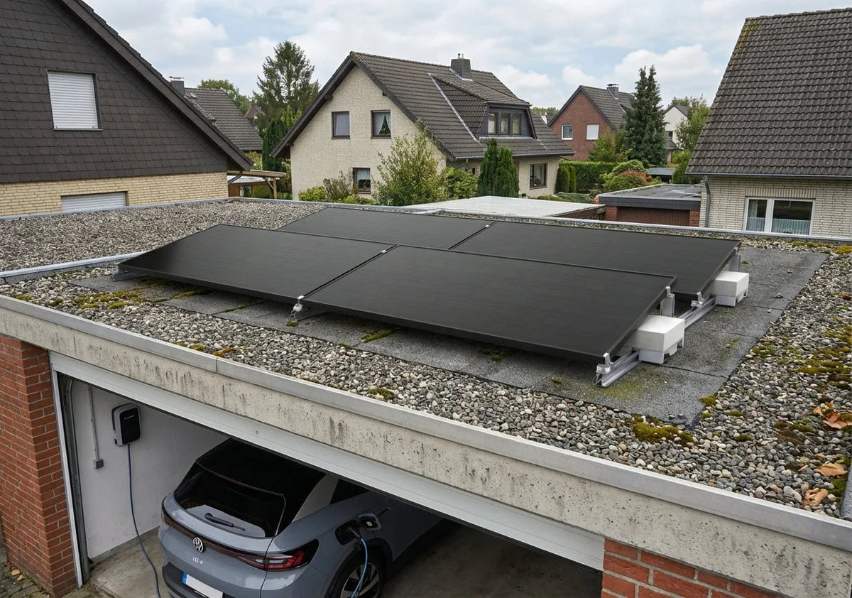 Anwendungsszenario mit vier Solarmodulen auf einem flachen Garagendach