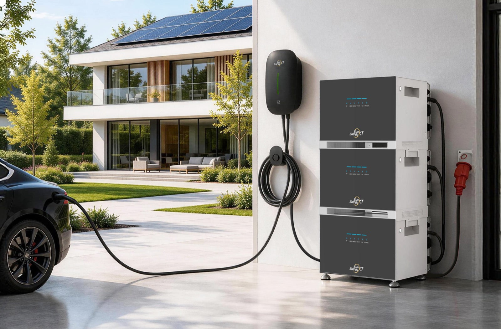 Illustrative scene with multiple SunEnergyXT storage units, a wallbox and a home with solar panels